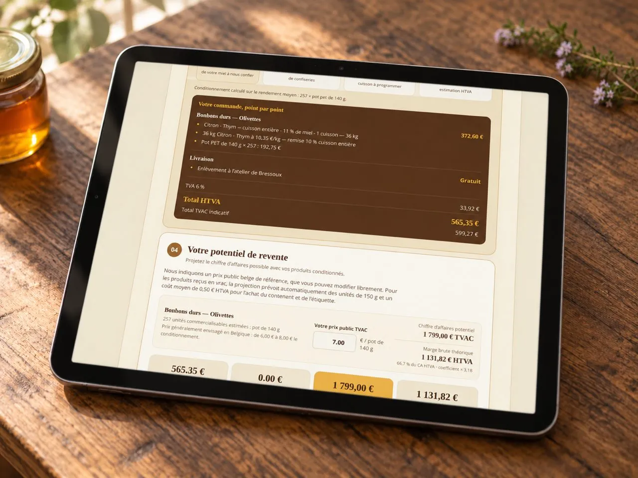 Aperçu de l’estimateur de commande sur une tablette