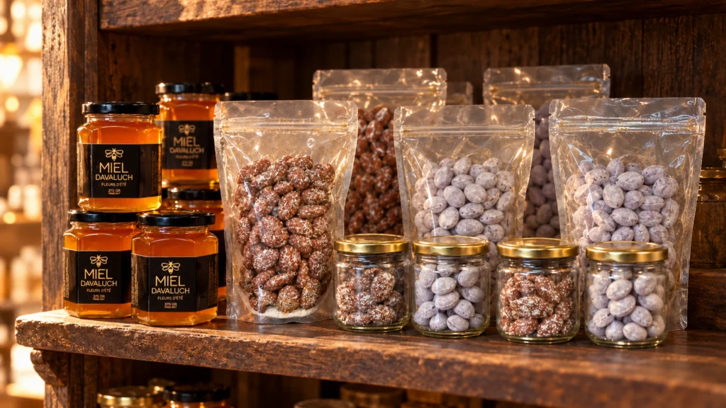 Pots de miel et sachets de fruits secs caramélisés au miel sur une étagère